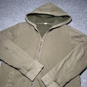 Vtg J Crew Hoodie Womens XL Green Fleece Sherpa Lined Full Zip Distressed Y2K